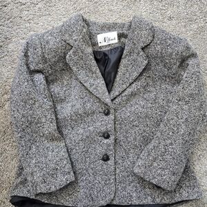 N Touch Petite Women’s Tweed Blazer Jacket Gray Black Lined Button Front